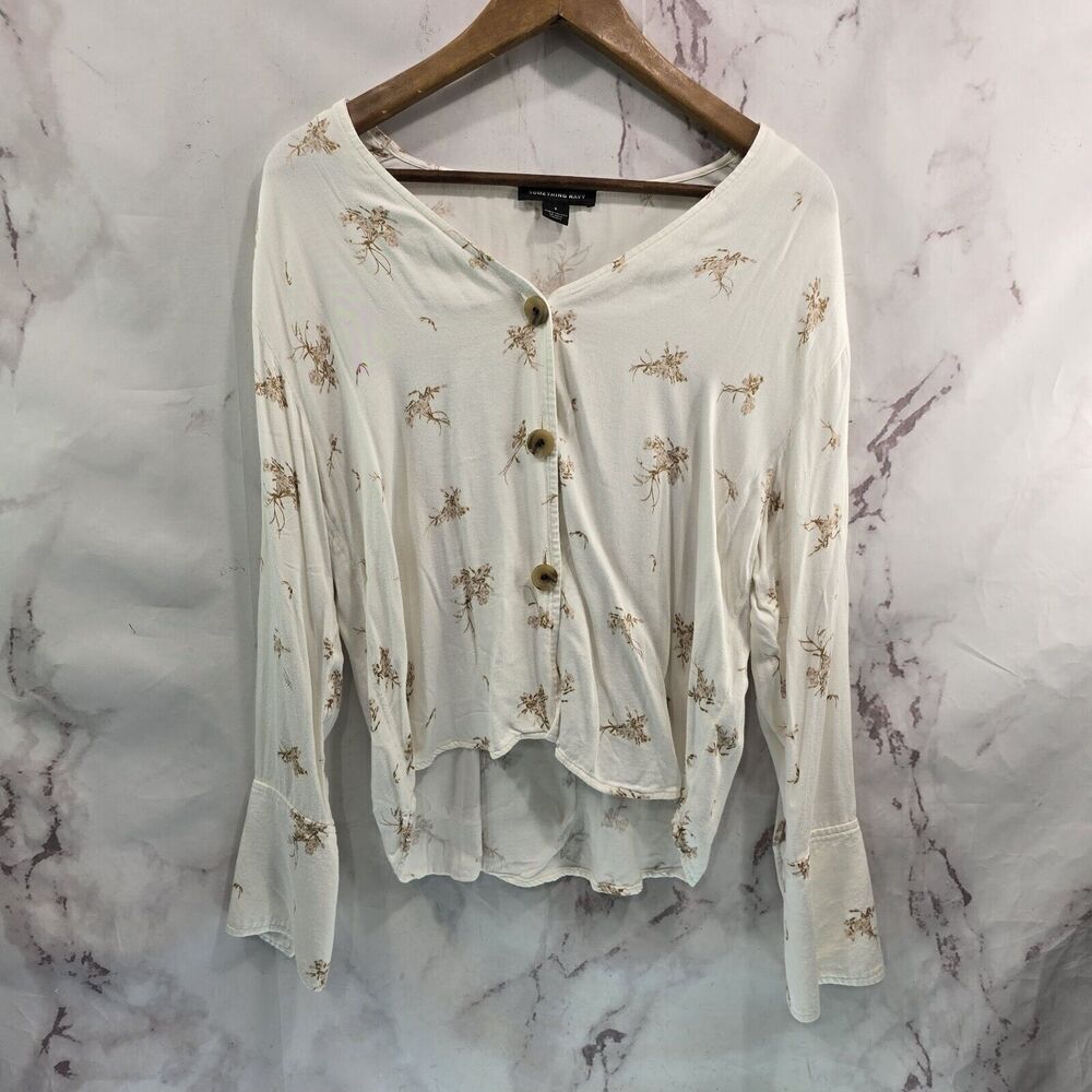 Something Navy Shirt Womens Small Tan Button Up Long Sea Salt Forget Me Not Cuff